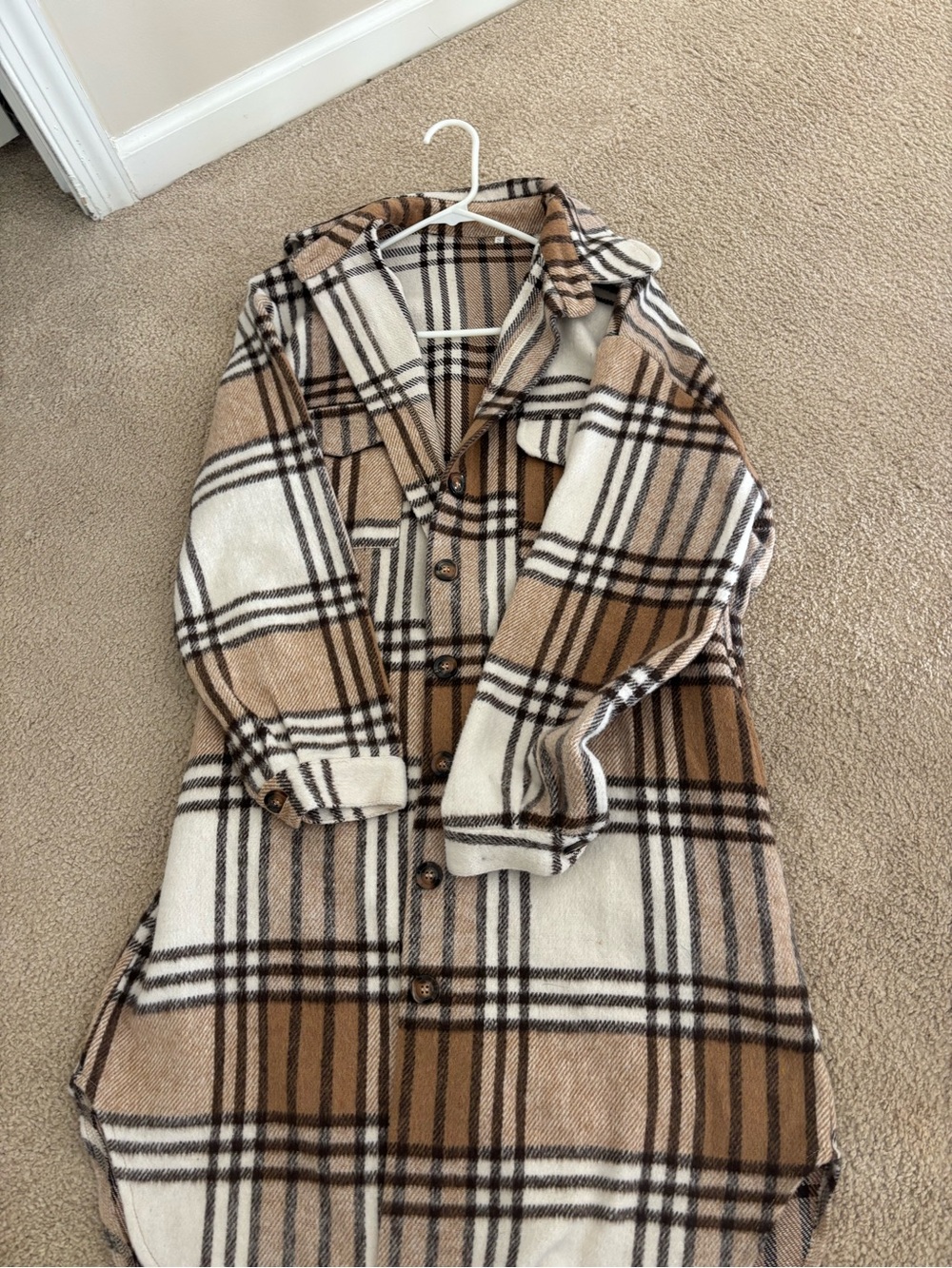 Womens Plaid Shacket Jacket - Brown & Cream